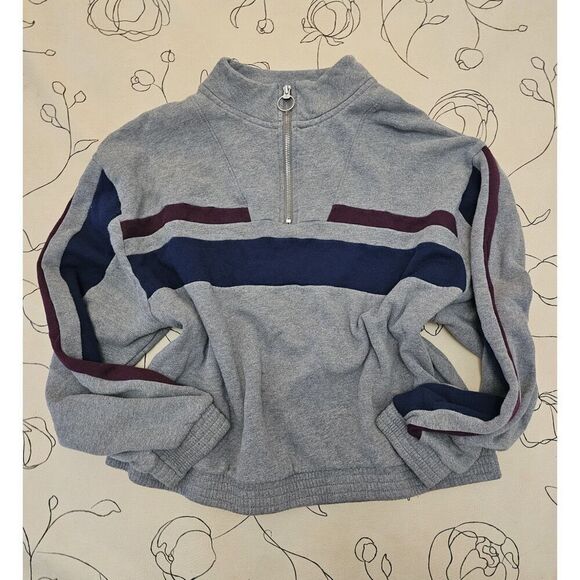 Victoria's Secret Pink 1/4 Zip Pullover Sweatshirt Cropped Size Large Stripe - Picture 1 of 8